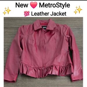 MetroStyle Red Leather Jacket with Ruffle Hem, Size 10